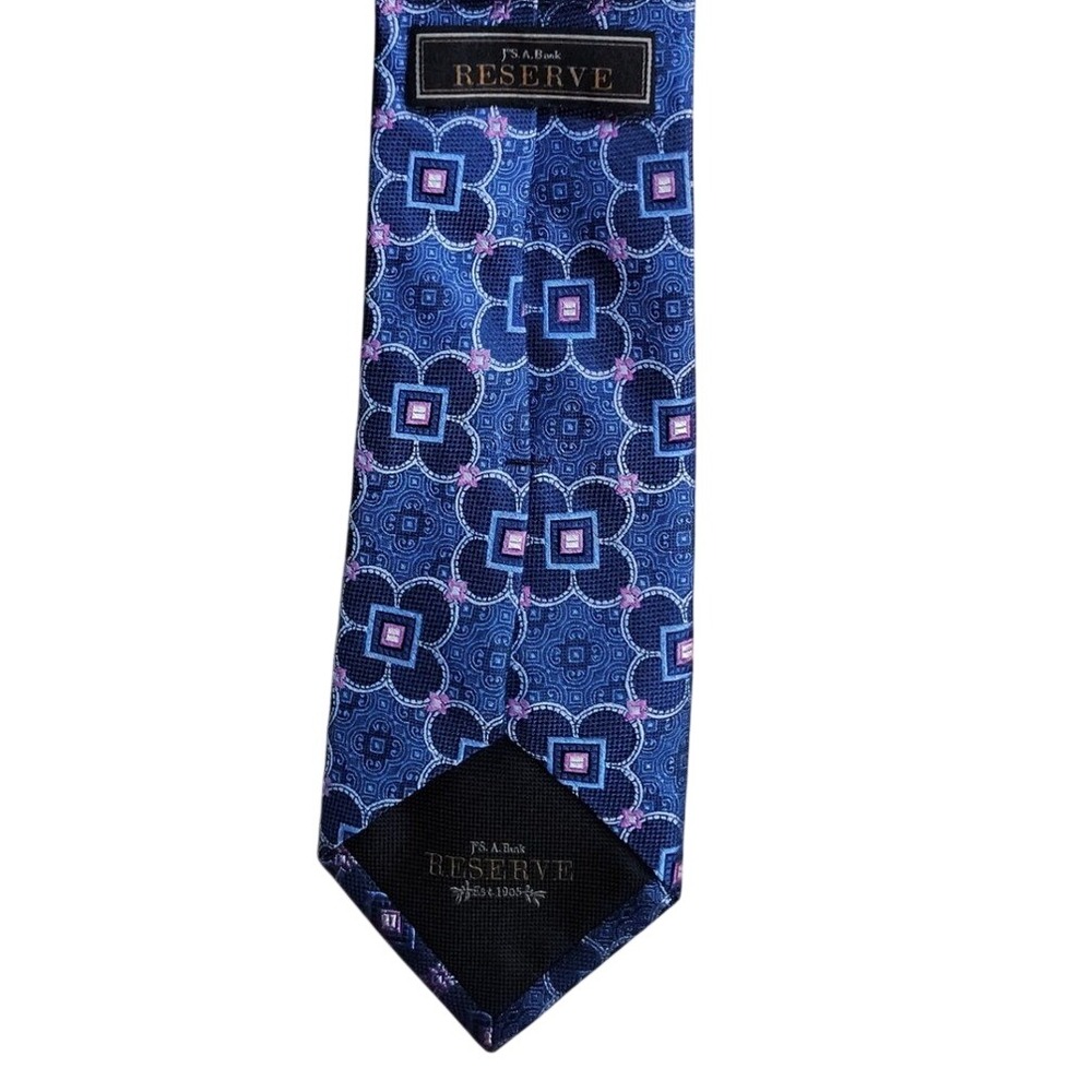 Jos A Bank Reserve Necktie Mens Blue Pink Silk Geometric Medallion Luxury